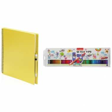 Groothandel geel schetsboek/tekenboek met 50 viltstiften speelgoed kopen