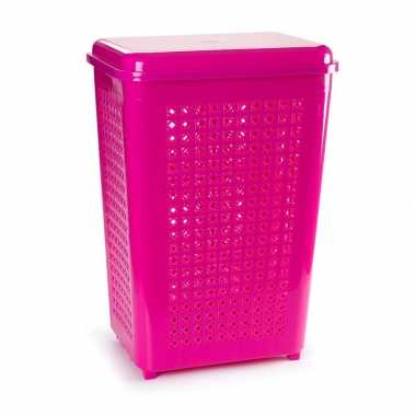 Groothandel grote wasmand/opberg mand met deksel 50 liter in het fuchsia roze speelgoed kopen