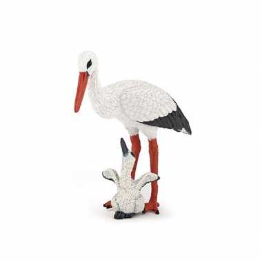 Groothandel plastic ooievaar met baby speeldiertje 7 cm speelgoed kop