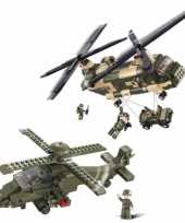 Groothandel leger soldaten speelgoed set van sluban 2x army helikopters van 43 en 28 cm